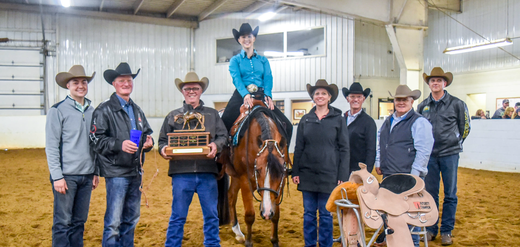 WEB Clark and instructors pose for a picture with the winner of the 2019 Clark Bradley Western Pleasure Futurity, Leah Palm copy