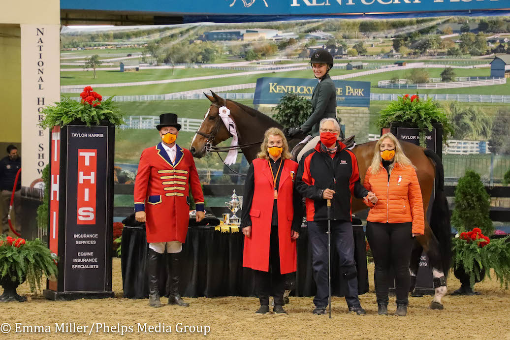 WEB Ringmaster Adam Khensley-Jennifer Burger president of the National Horse Show_ Michael Taylor- Taylor Harris Insurance Services_Wendy Janesky-chair of the NHS ladies committee).Madison Myro and Balito 4th place, NHS 2020 copy